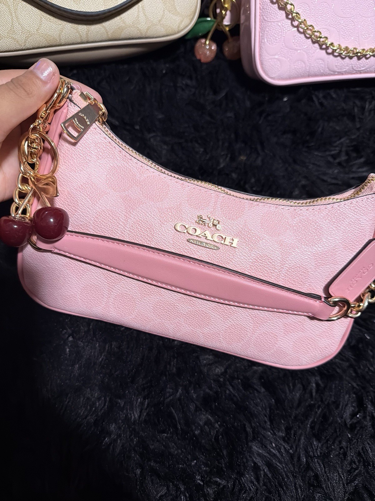 Coach Pink Small Crescent Shoulder Bag, Zip Closure, Chain Strap Cherry Charm