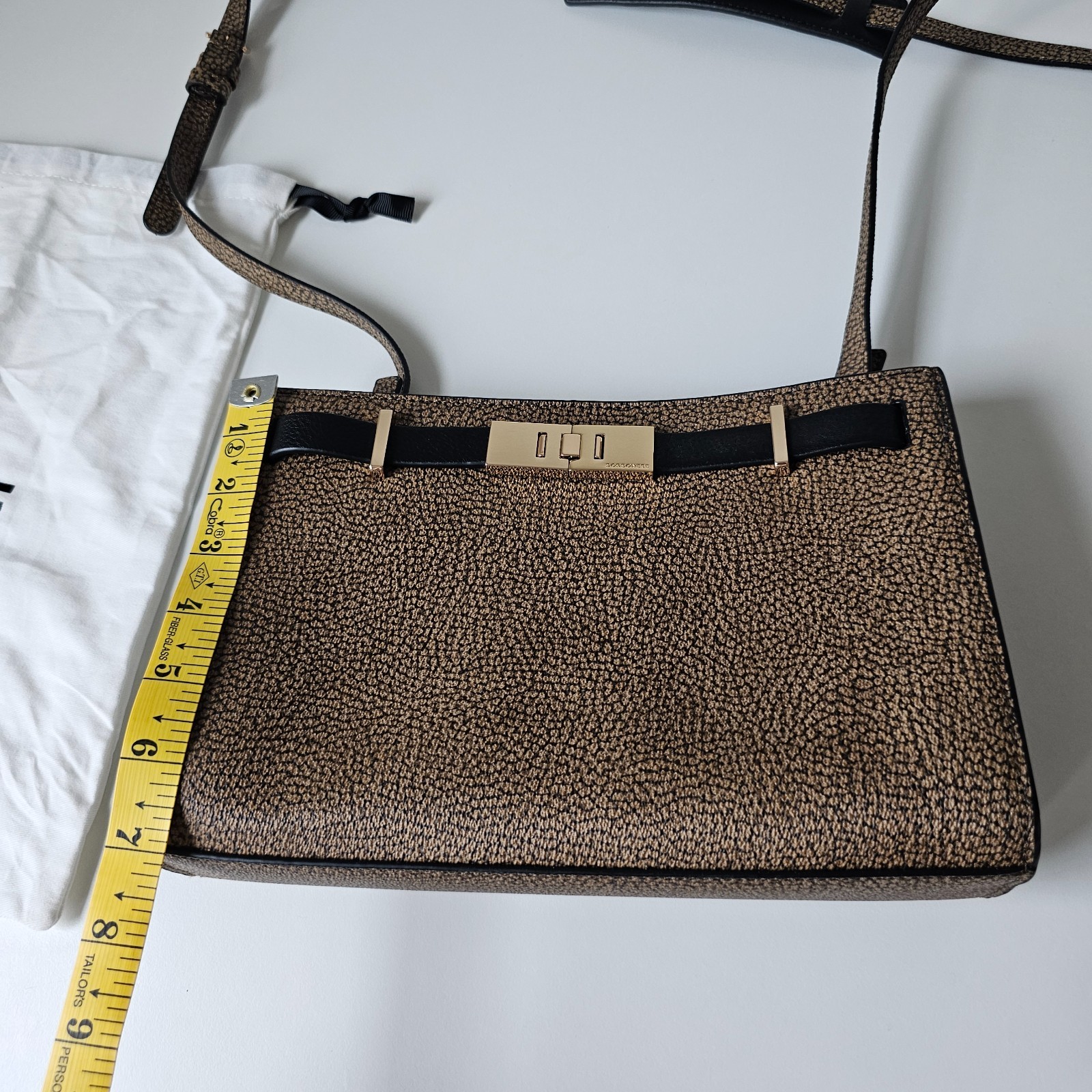 Borbonese Crossbody Bag OP Naturale Nero Brown Black Gold Buckle Luxury Italy