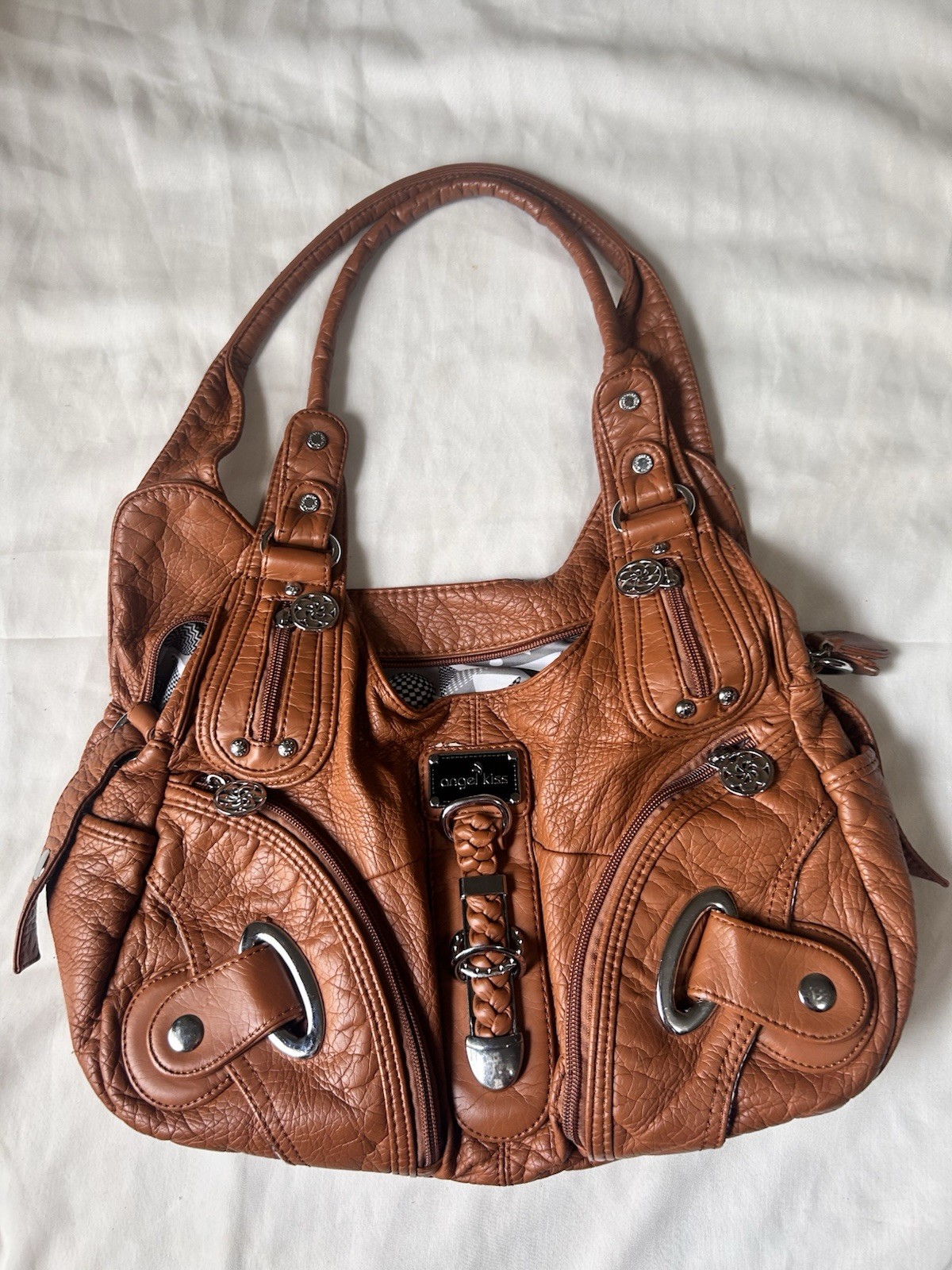 Orange Angel Kiss Hobo Bag Silver Hardware Braided Details Multi Zipper Y2k