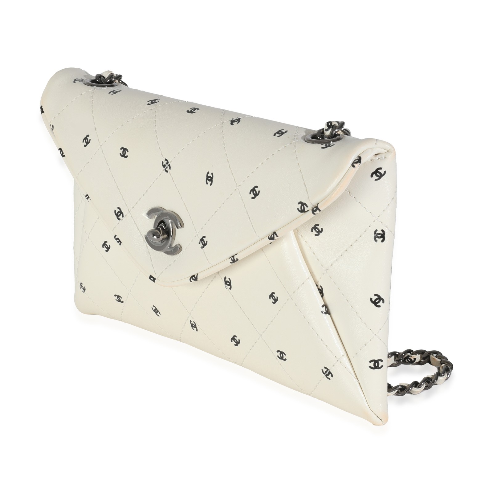 Chanel White Lambskin CC Logo Envelope Clutch With Chain