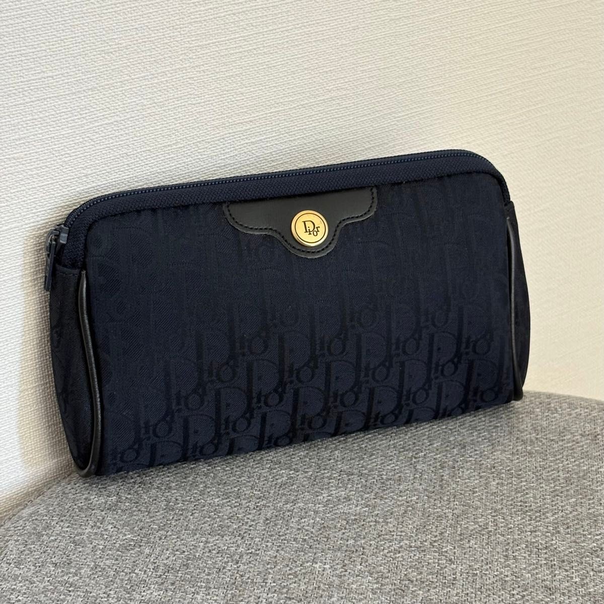 Christian Dior Makeup Pouch Multi case Trotter Navy Canvas x Leather Dior rh4686