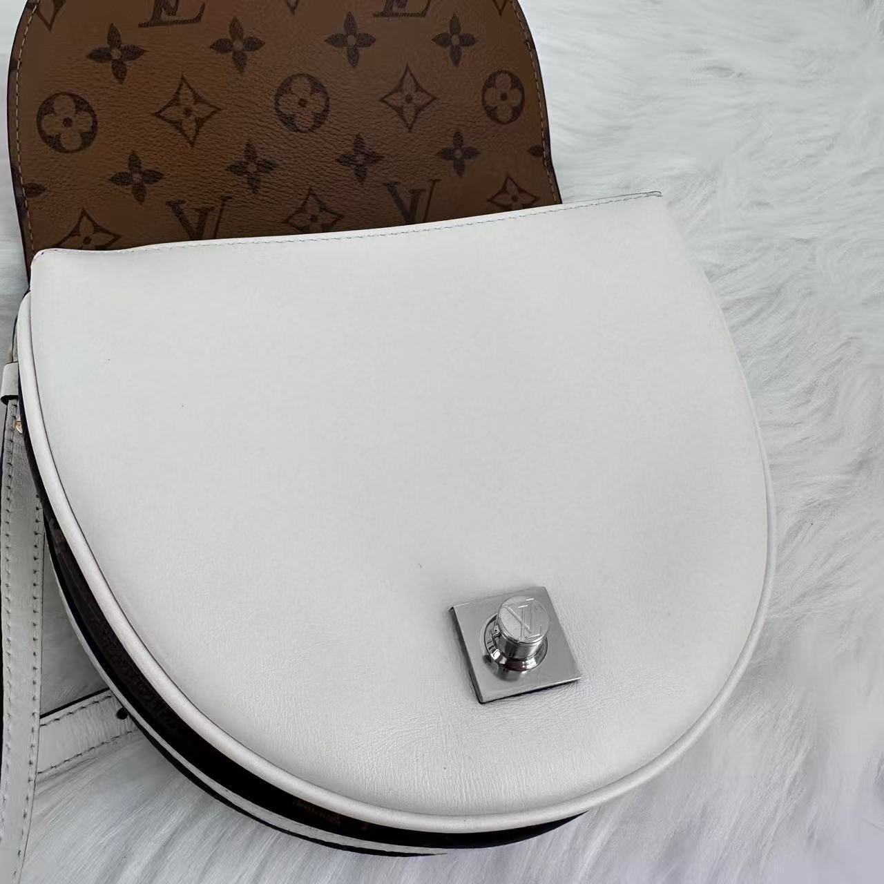 Louis Vuitton Lock It PM Monogram White Calfskin Saddle Crossbody Bag Gold LV