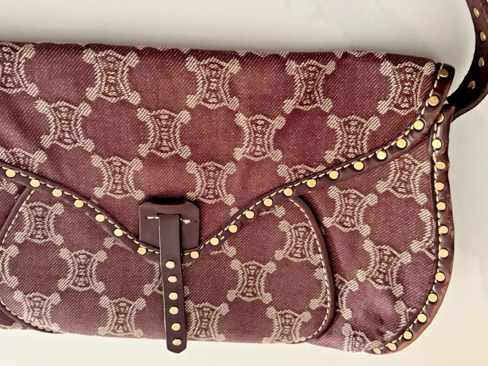 Celine Poulbot Triomphe Denim Studded Shoulder Bag Bordeaux Vintage Macadam Y2K