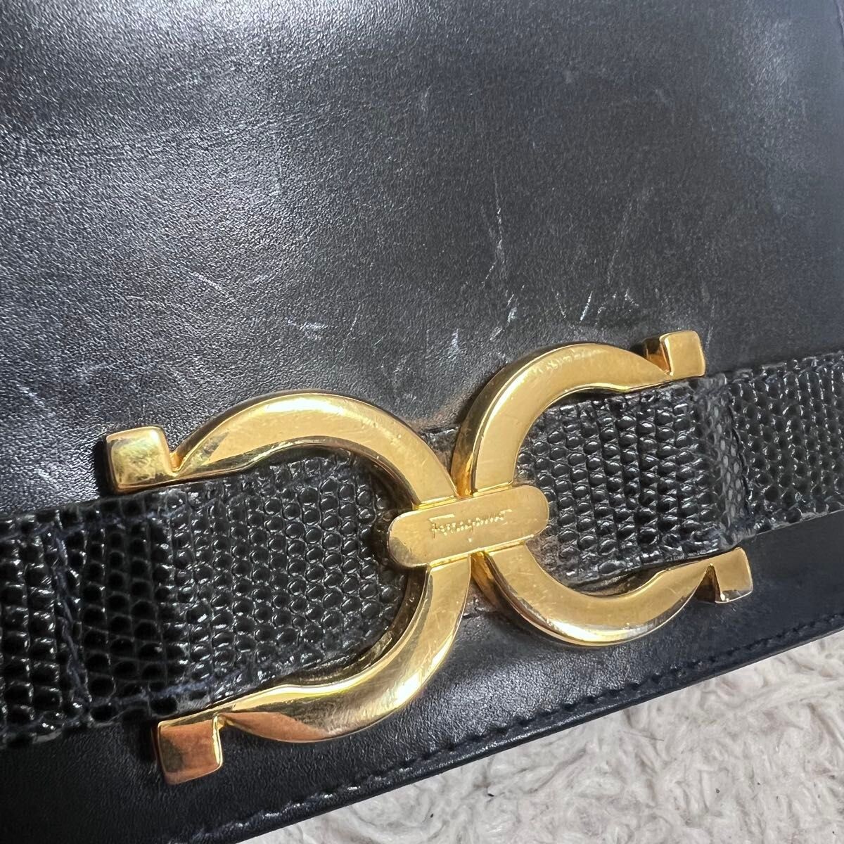 Salvatore Ferragamo Gancini Mini Shoulder Bag Black Leather Gold Italy 115cm