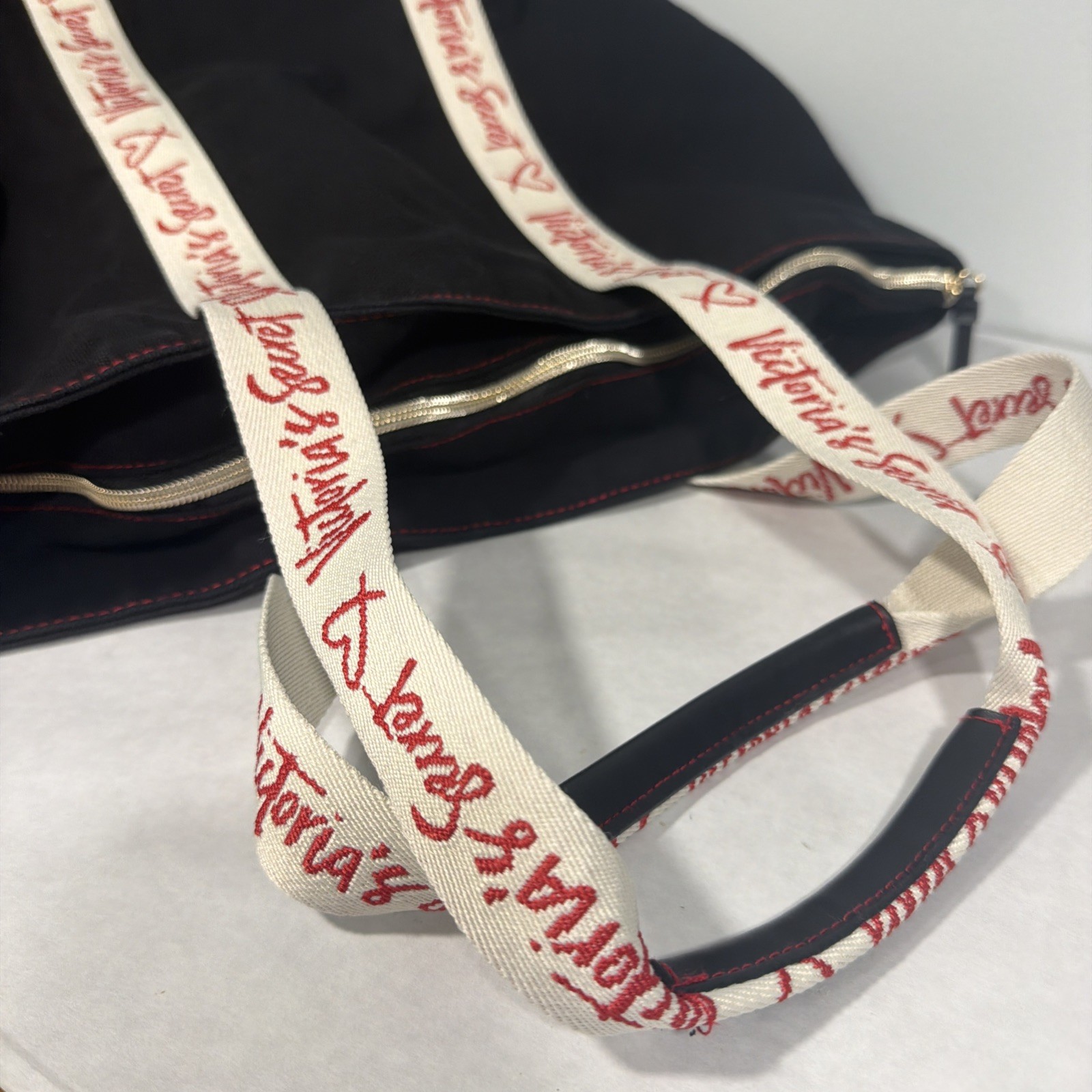 Victoria’s Secret Black Canvas Tote Bag Red Stitching Logo, Logo Strap, Zip Top