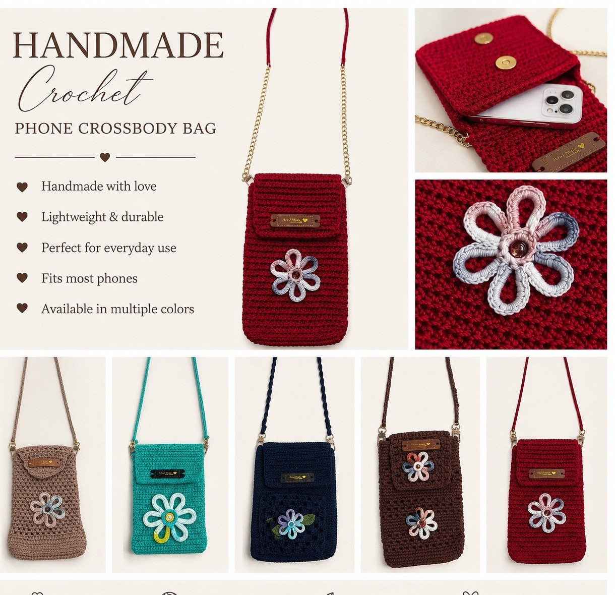 Handmade Crochet Phone Crossbody Floral Applique Button Chain Strap