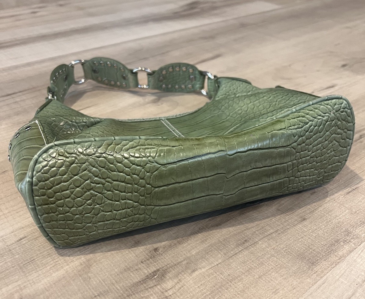 Bisou Bisou Michele Bohbot Green Croc Embossed Faux Leather Shoulder Bag Y2K