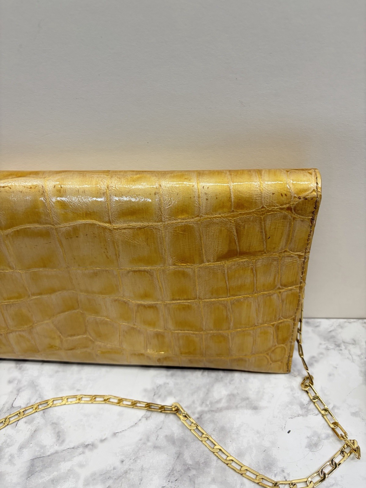 CARLOS FALCHI Gold Crocodile Embossed Clutch Chain Strap W/ Magnetic Clasp