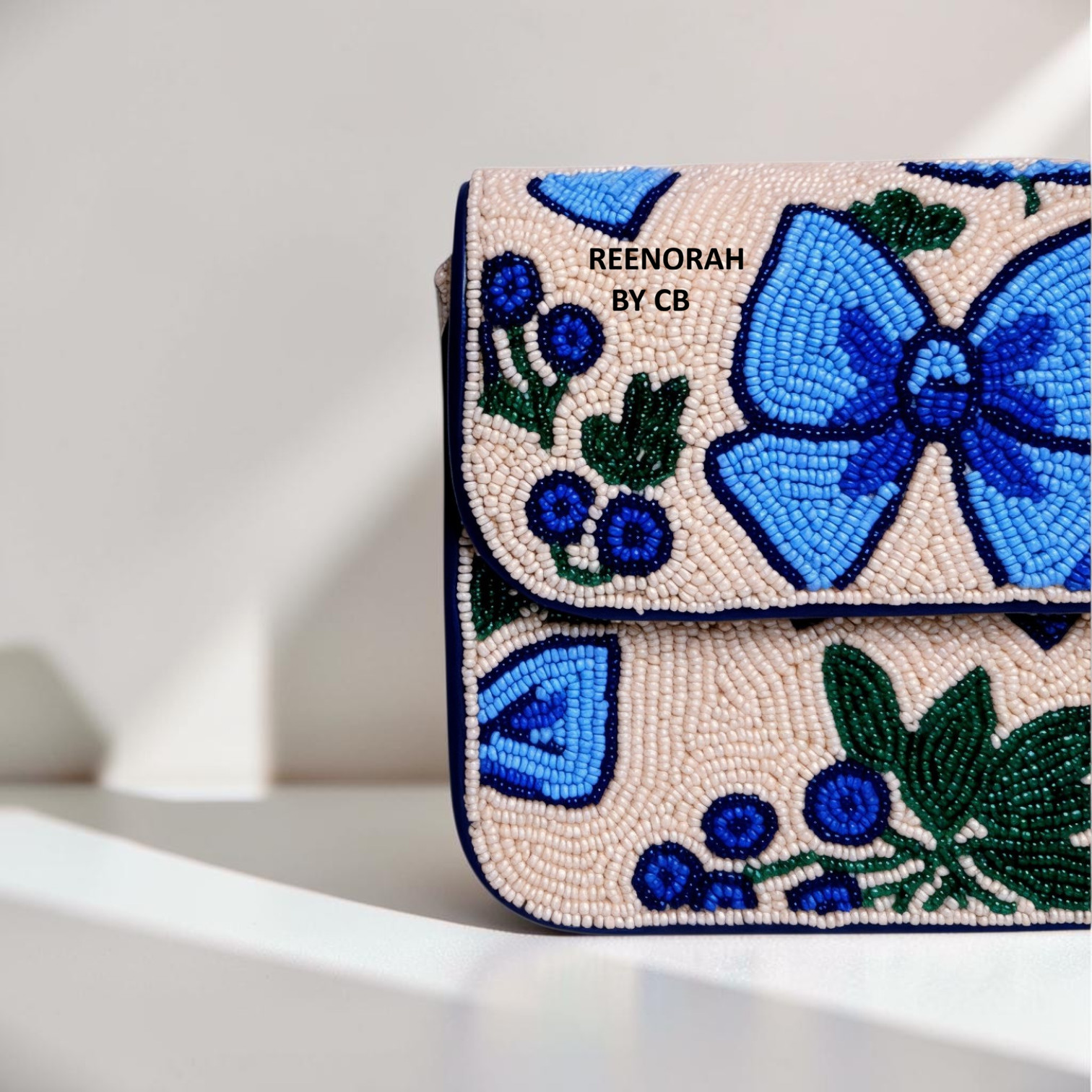 Handmade Blue Floral Beaded Shoulder Bag, Embroidered Canvas Purse