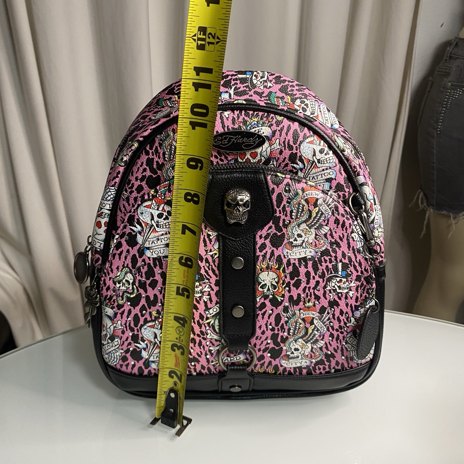 Ed Hardy Pink/Black Leopard Tattoo Skull Small Mini Backpack Purse, Zip