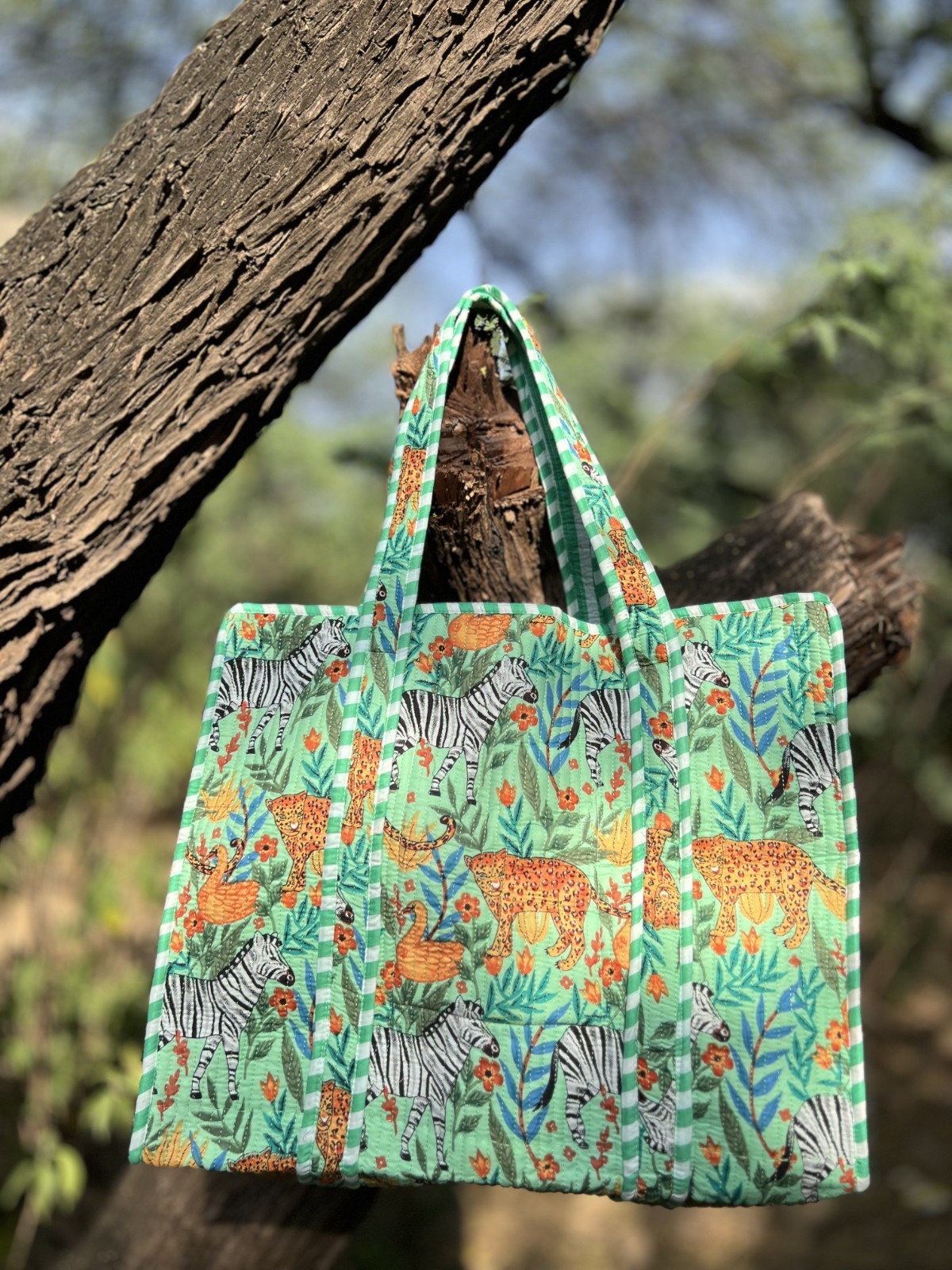 Handmade Quilted Cotton Tote Bag Safari Animal Print Beach Shopping Travel Bag