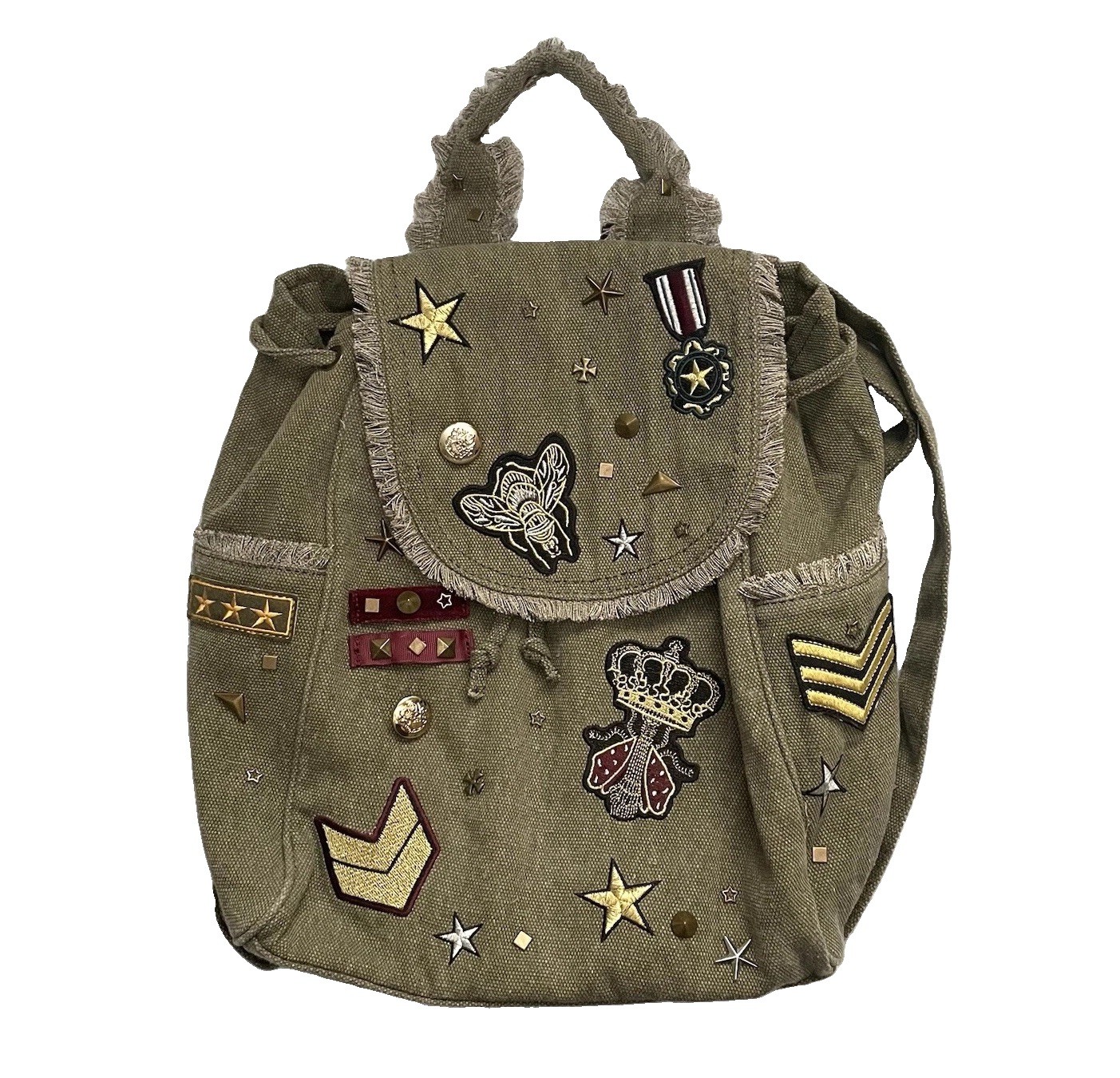 Military Y2K Goth Punk Rock Backpack Bag Patches Buttons Green STEVE MADDEN