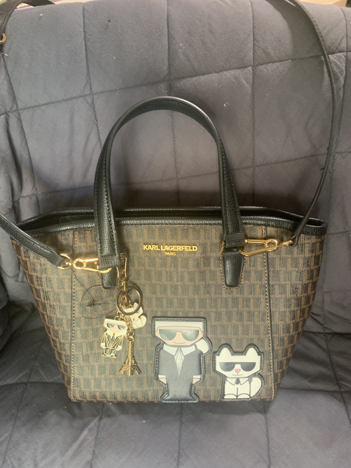 Karl Lagerfeld Paris Maybelle Karl /Cat Crossbody Tote Bag,Black and tan