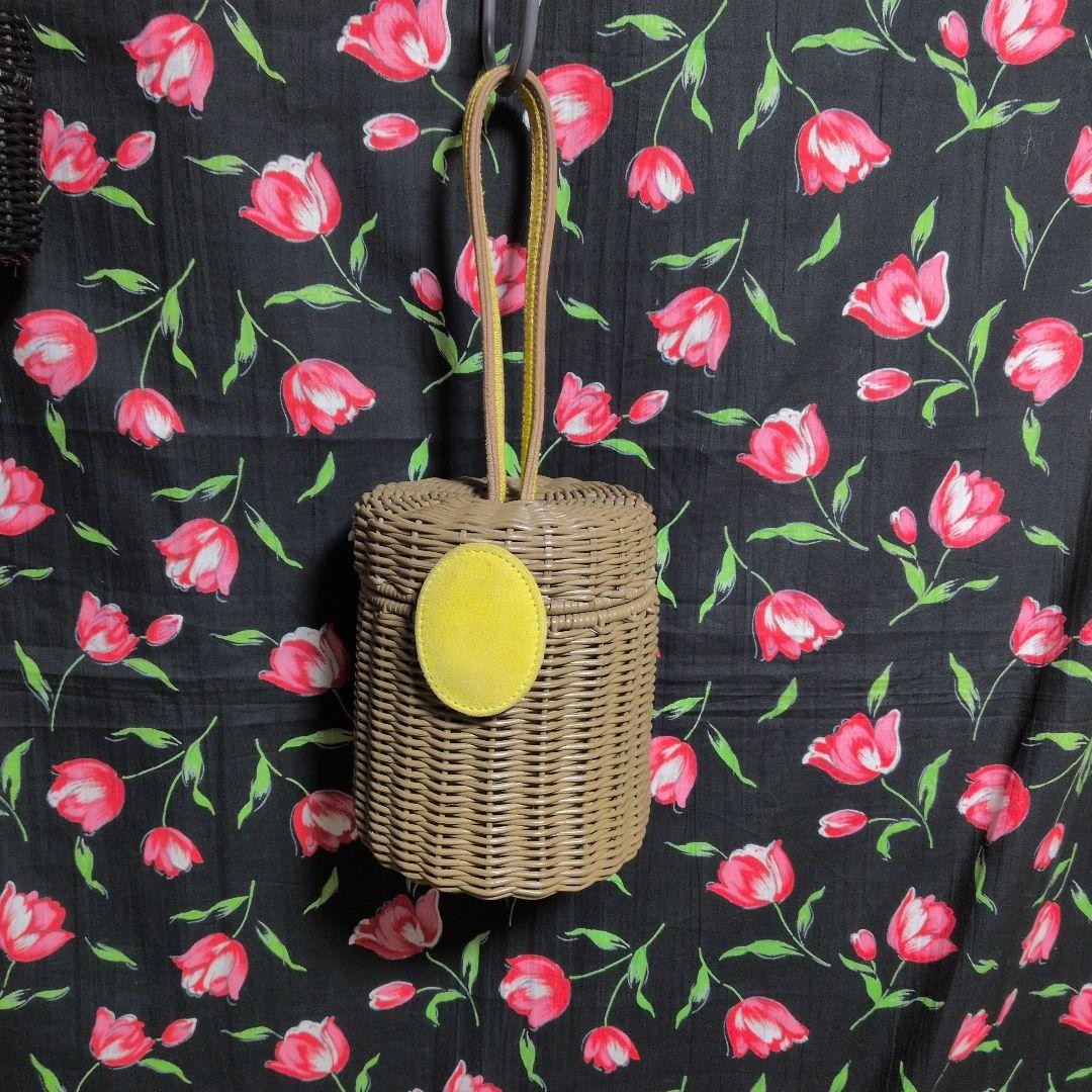 PAULE KA Beige Cylinder Basket Bag with Yellow Patch