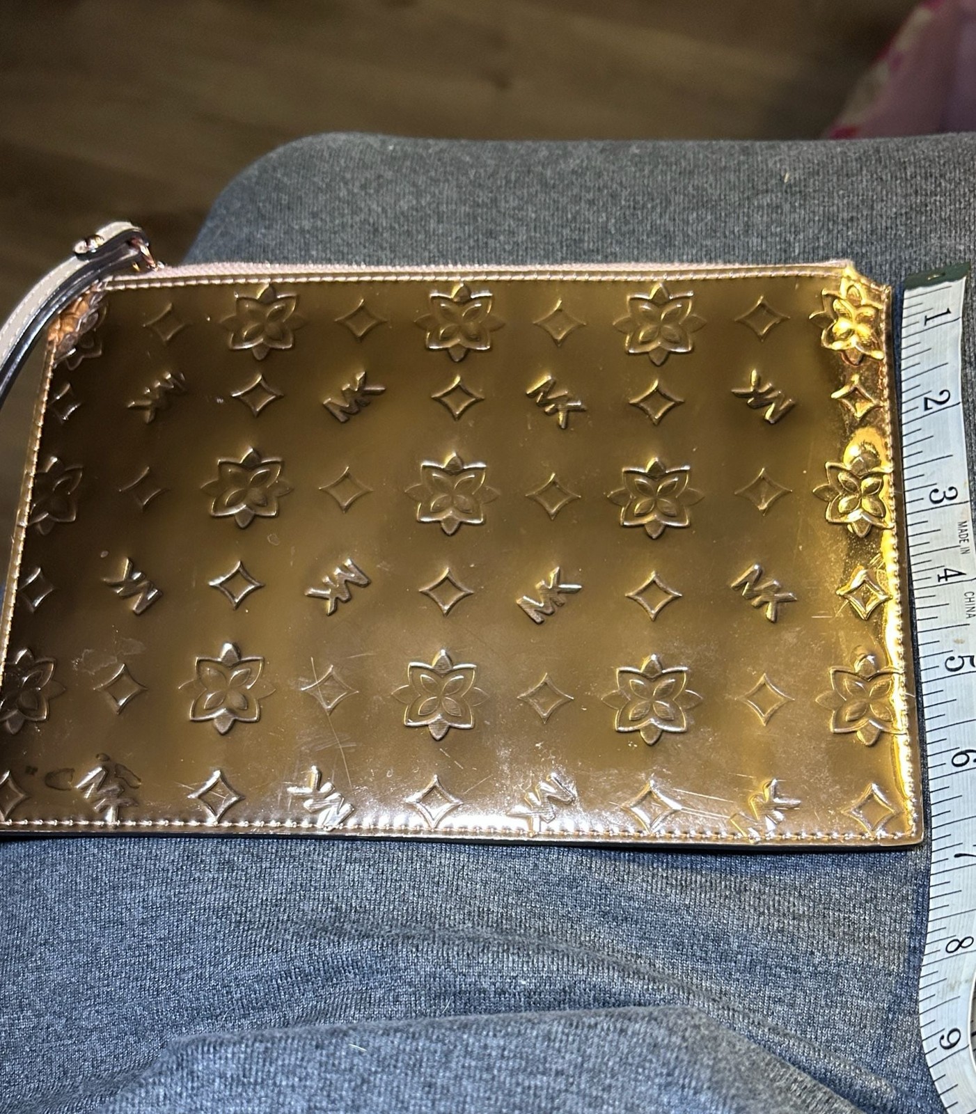 Michael Kors Jet Set Travel Metallic Mirror Monogram Flat Wristlet in Rose Gold