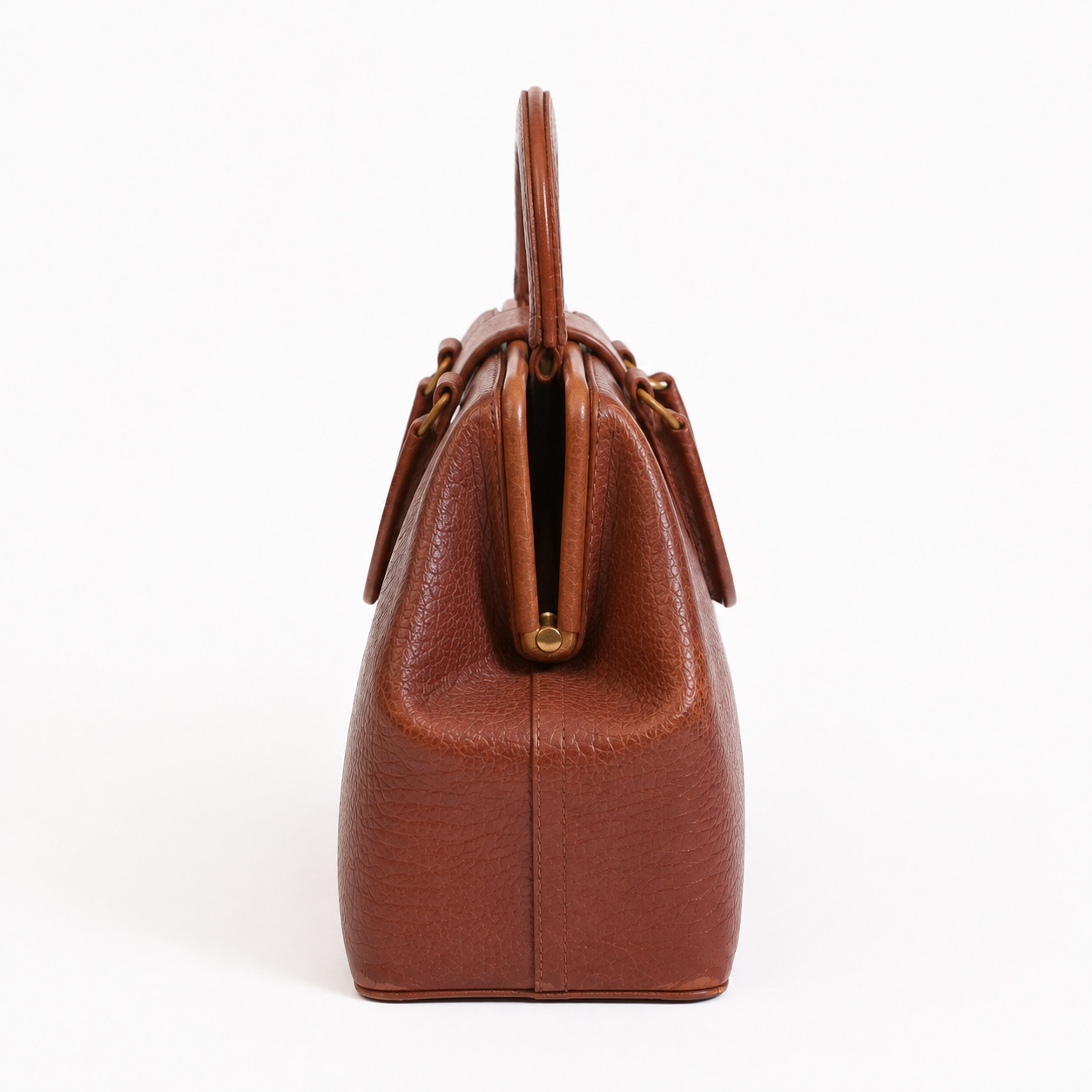 Vintage Leather Doctor Bag Brown Top Handle Handbag Brass Lock Retro Satchel Pur