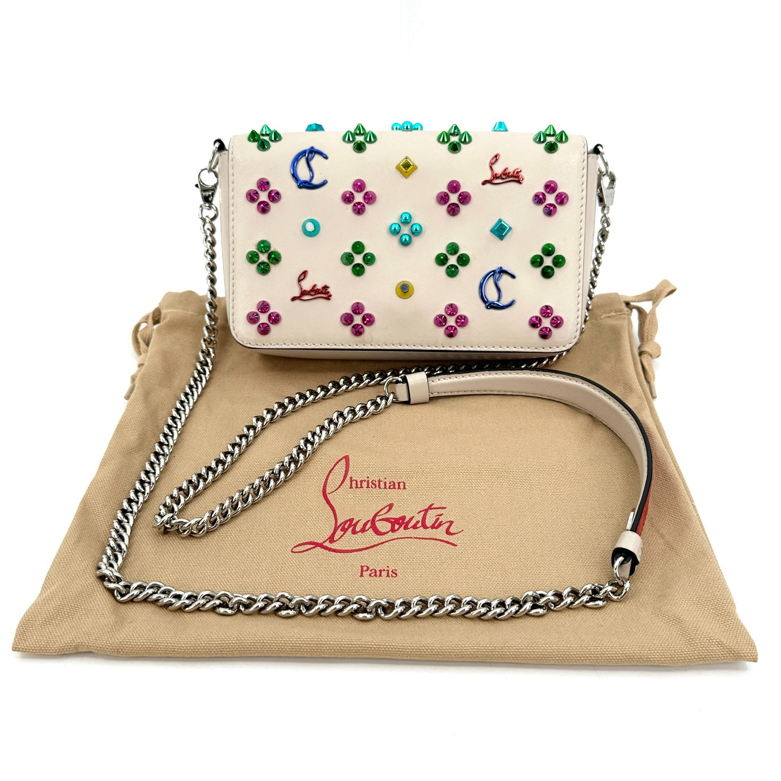 Christian Louboutin Paloma Studded Leather Crossbody Shoulder Clutch Bag Pink