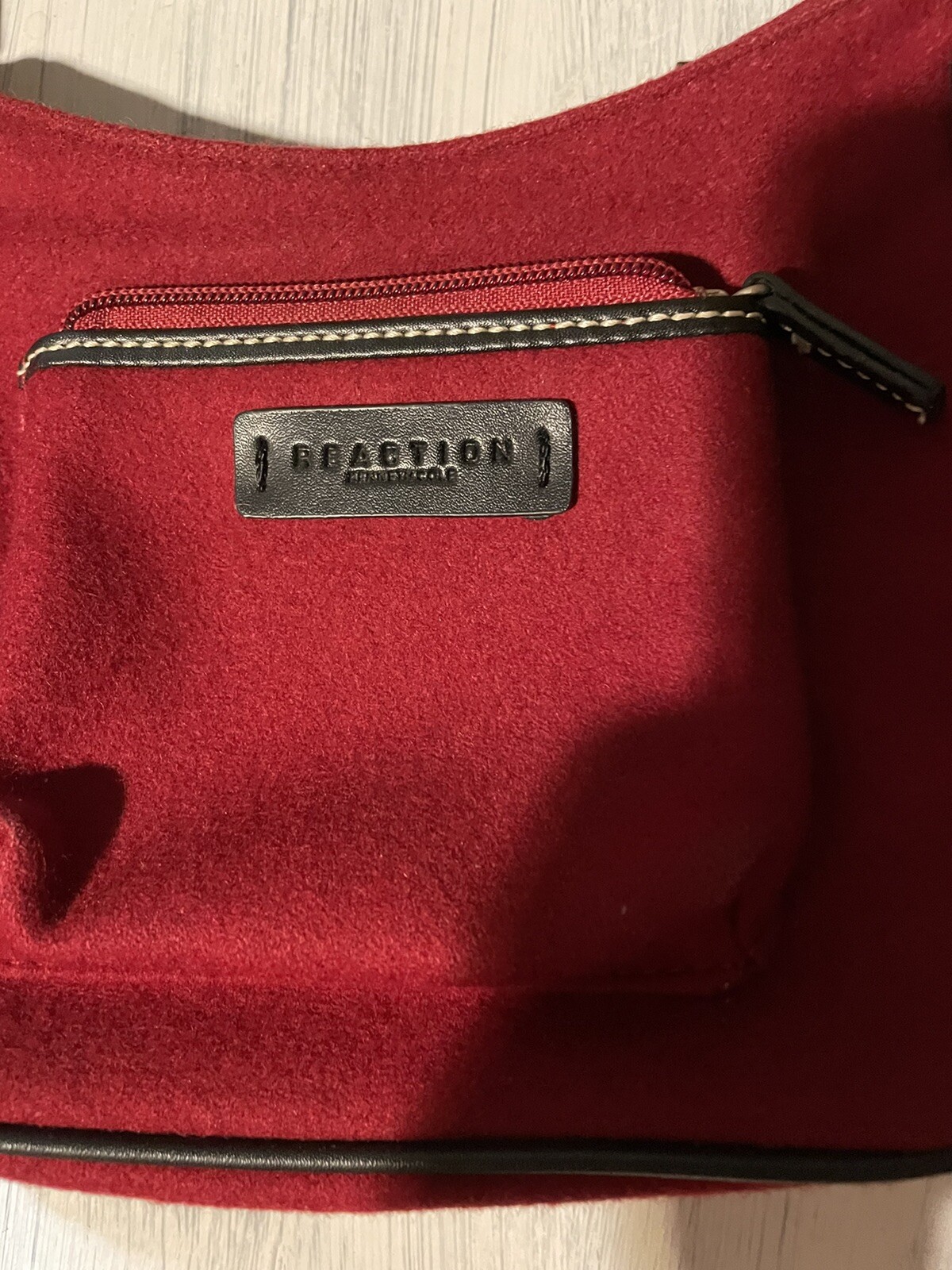 Red Brushed Felt Kenneth Cole Reaction Purse Handbag Leather Accents CUTE!