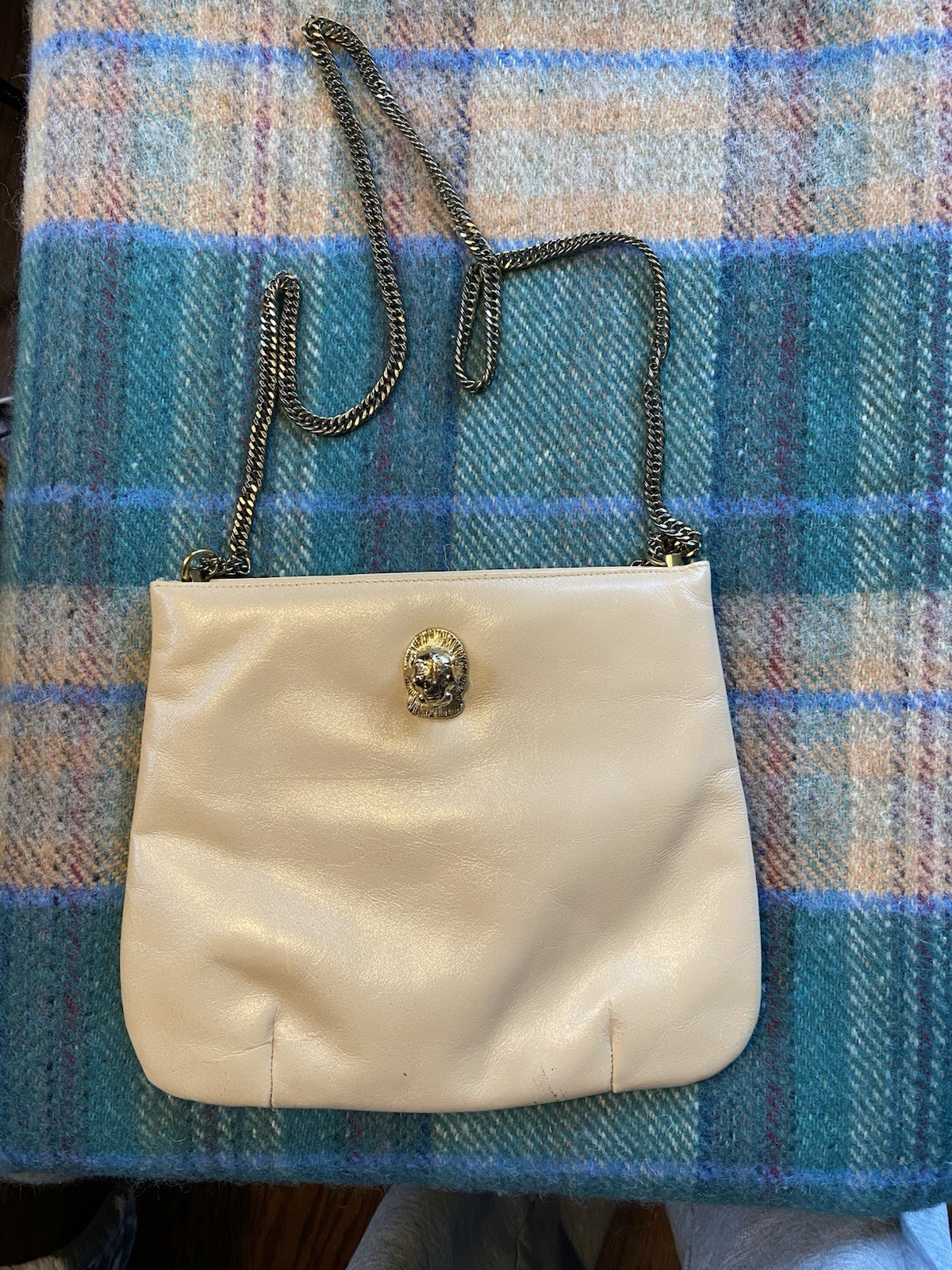 Vintage RUTH E SALTZ Tan Leather Purse Gold Chain Strap Jaguar Head Statement