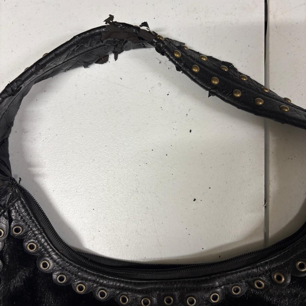 Vintage Black Faux Leather Hobo Bag Studded Grommet Lace Up Fringe Punk Goth