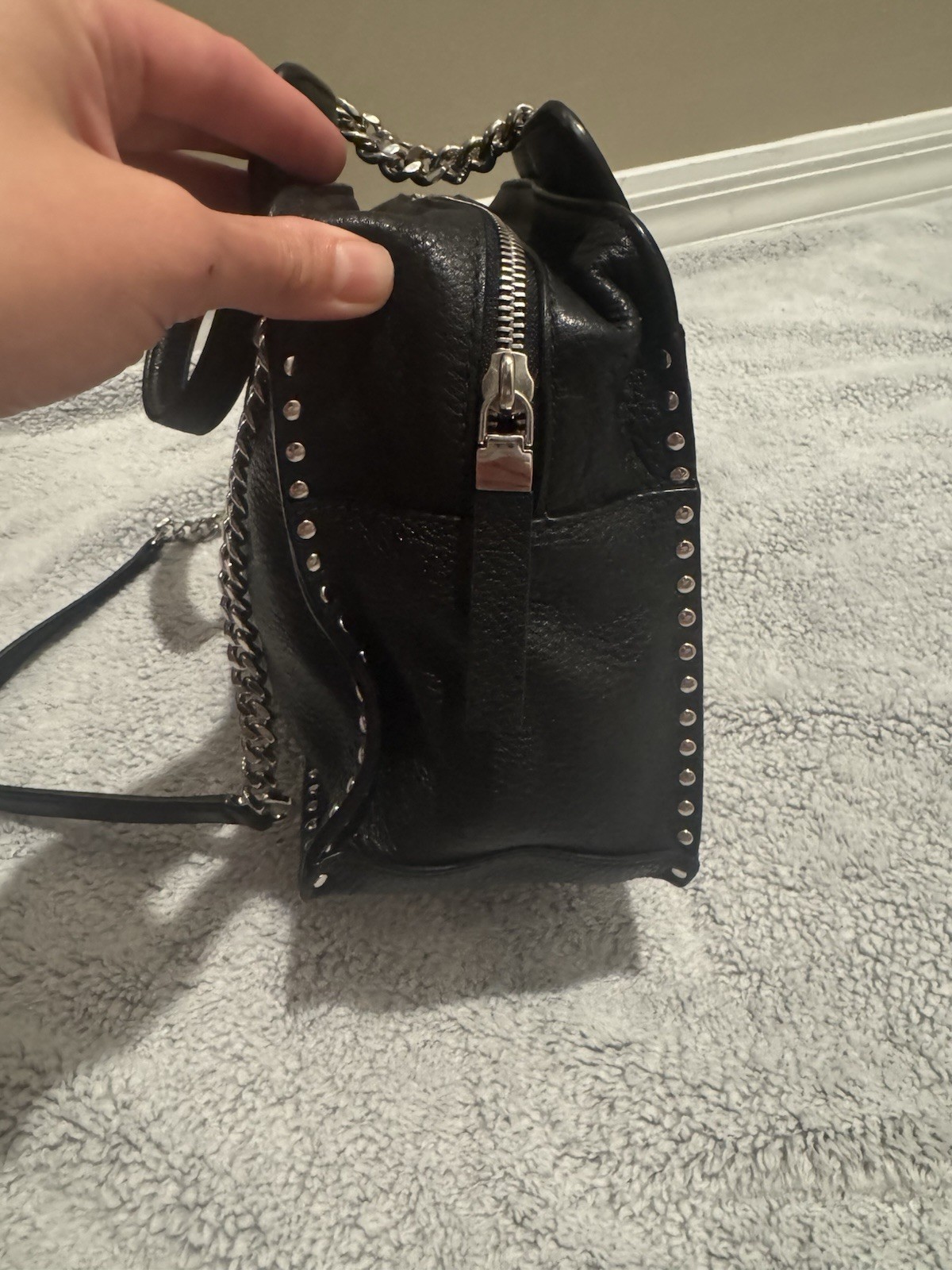 Michael Kors Black Pebbled Studded Shoulder Bag Chain Strap Silver Hardware