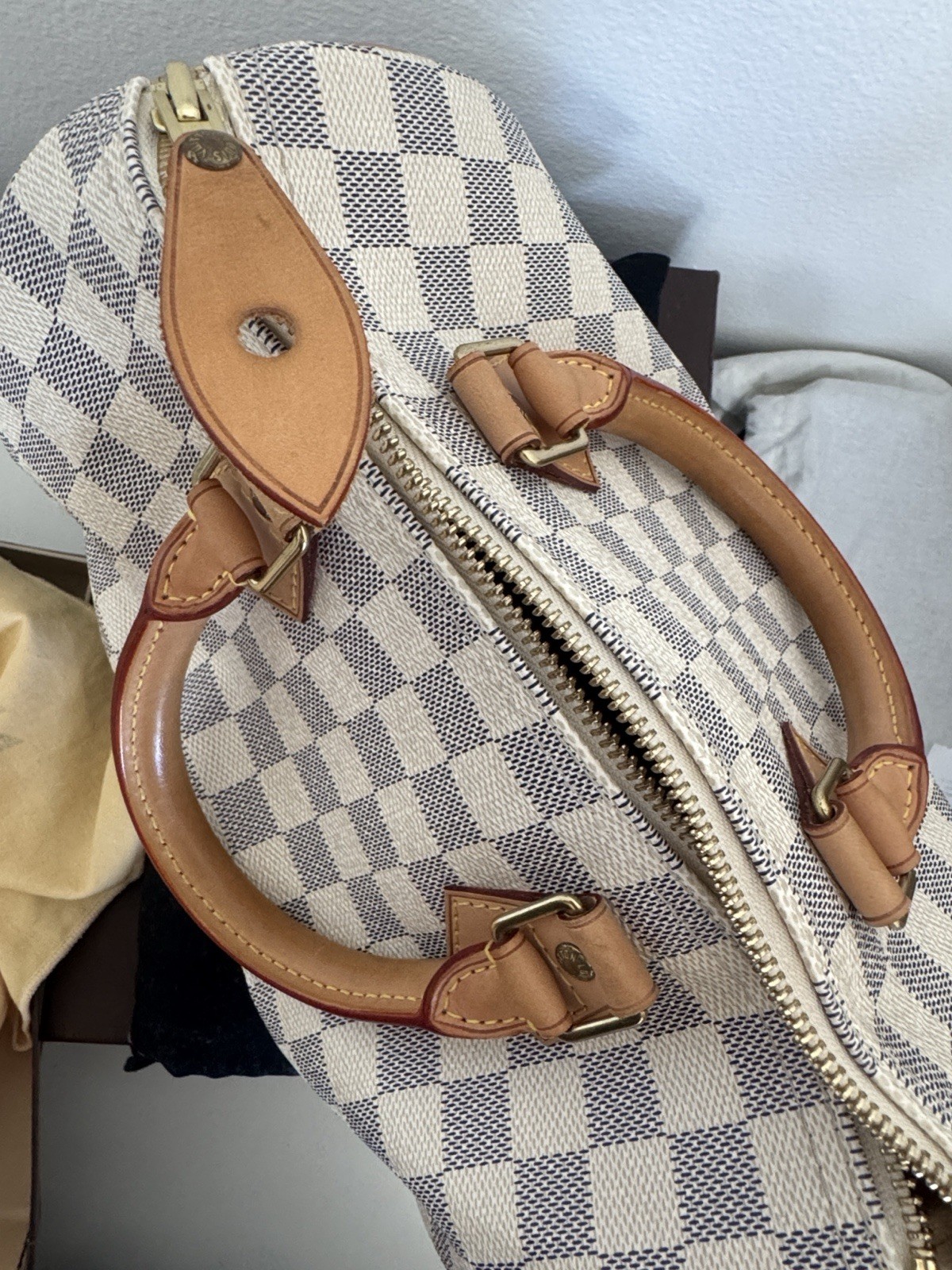 Louis Vuitton Damier Azur Small Speedy 25Satchel Zip Bag White Blue w/ Dust Bag