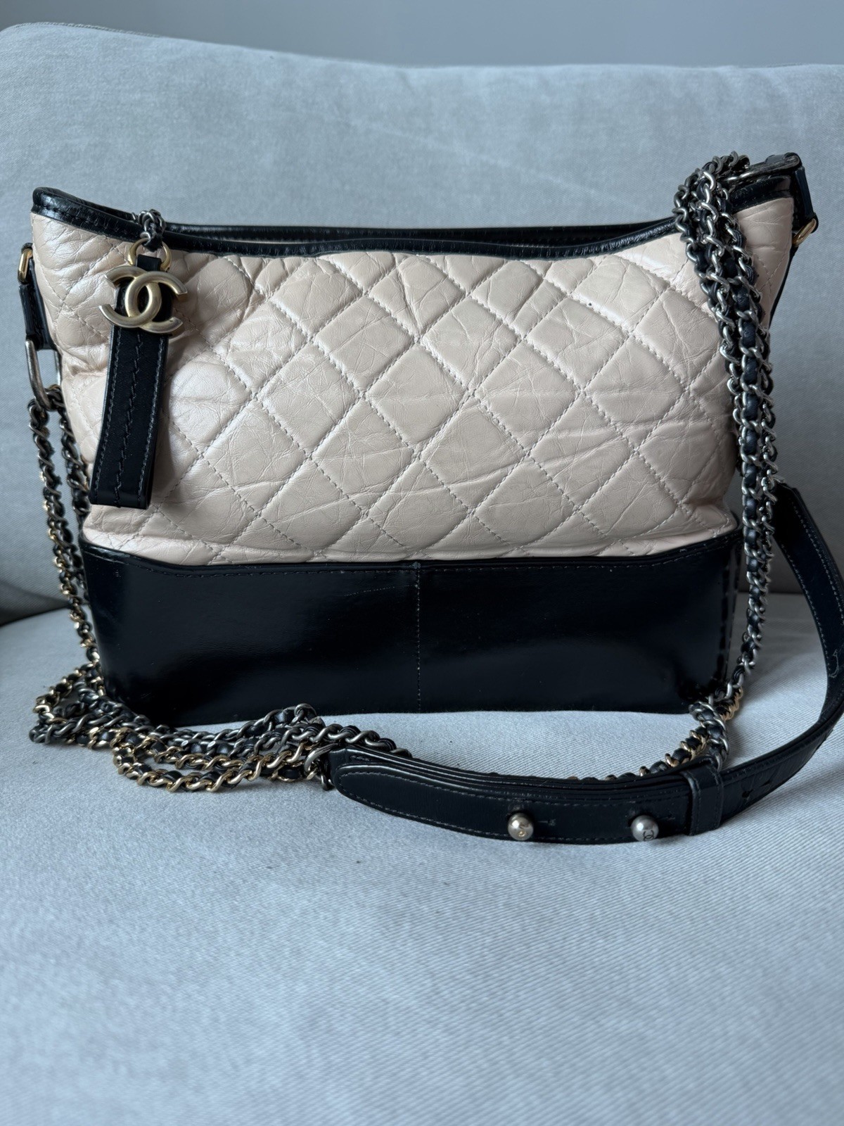 Chanel Gabrielle Hobo Bag Quilted Aged Calfskin Medium White And Black