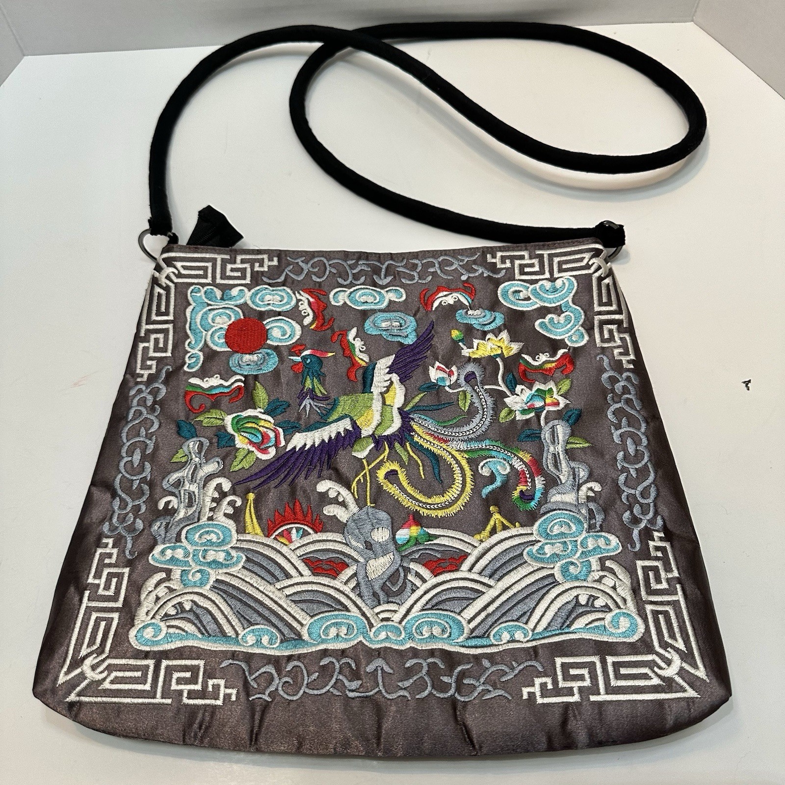 Stunning Grey Embroidered Crane & Wave Chinese Asian Art Handbag Boho Chic