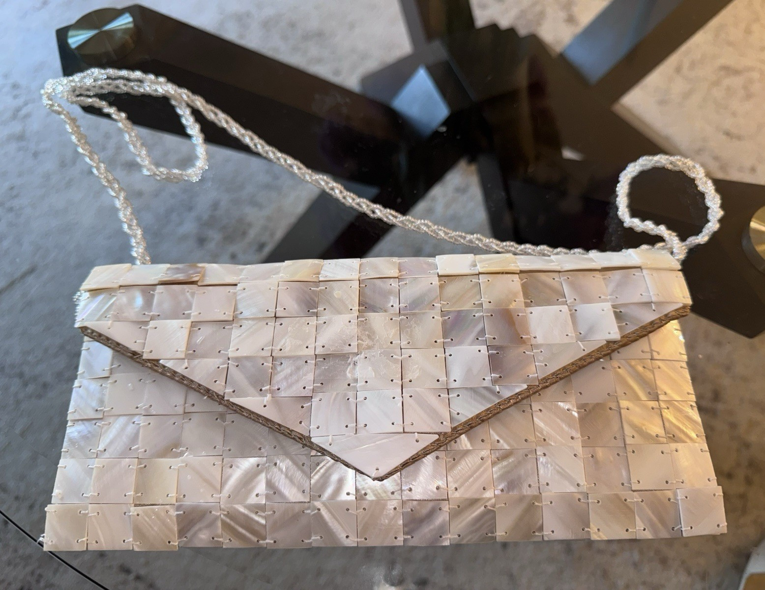 mod by design Handmade Beaded Mother of Pearl & Horn White Chain Clutch
