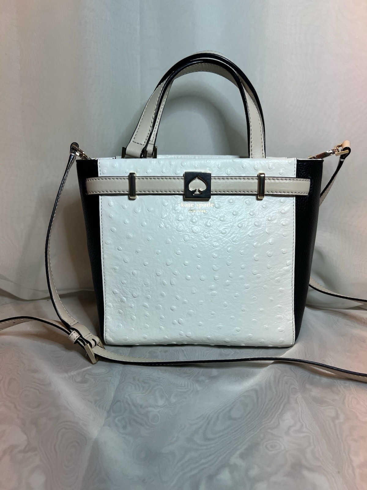 Kate Spade Houston Street CREAM/BLACK EXOTIC OSTRICH EMBOSSED LEATHER CROSSBODY