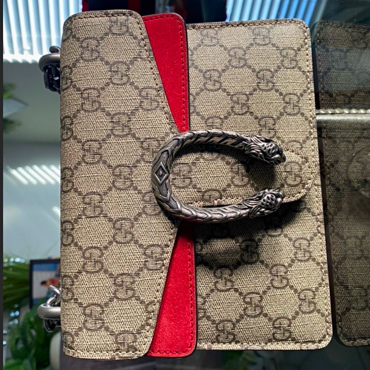 Gucci GG Pattern Flap Shoulder Bag Beige/Red w/ Silver Chain Strap