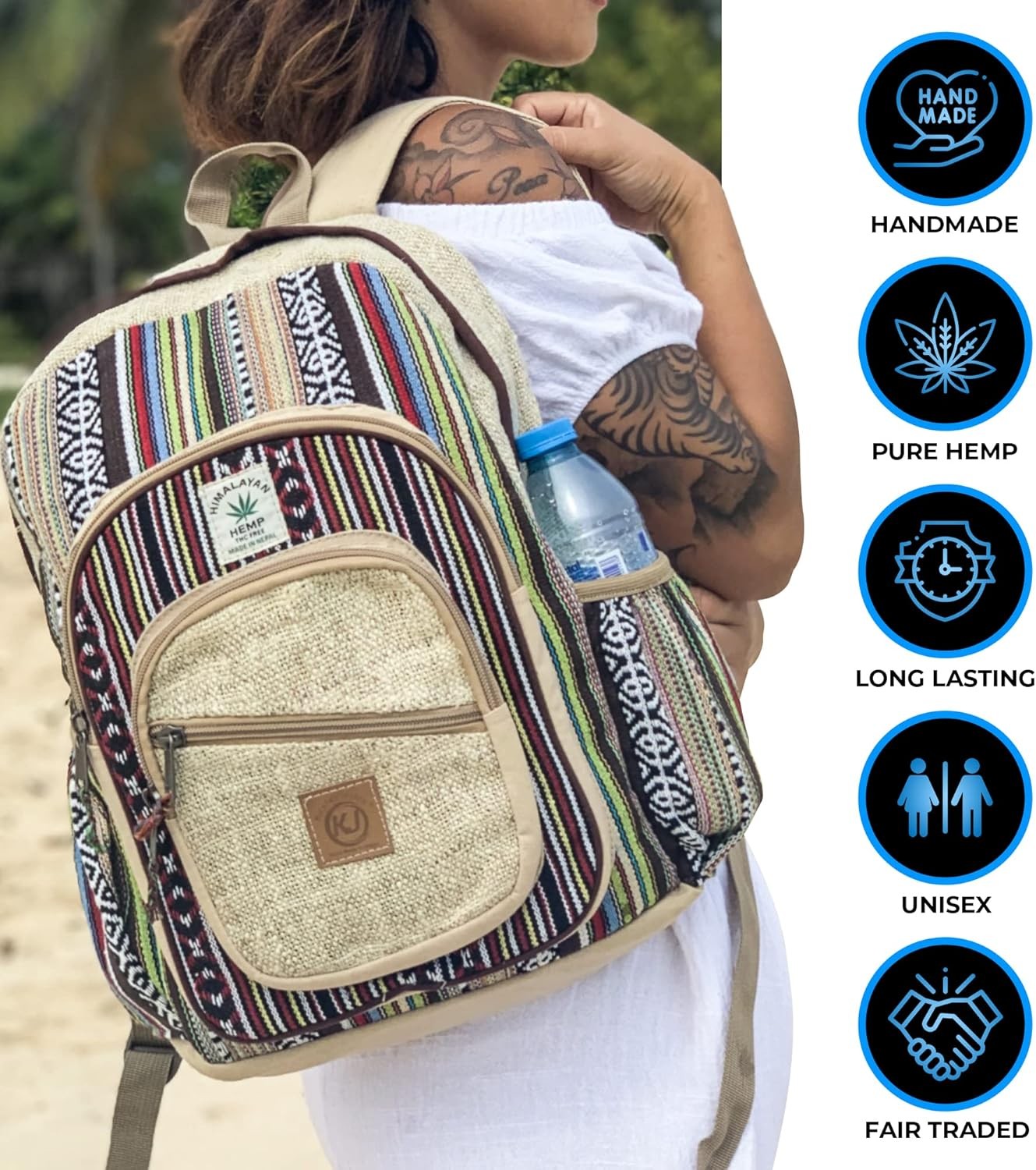 Natural Handmade Large Multi Pocket Hemp Nepal Backpack Handmade-Unique Bagpack