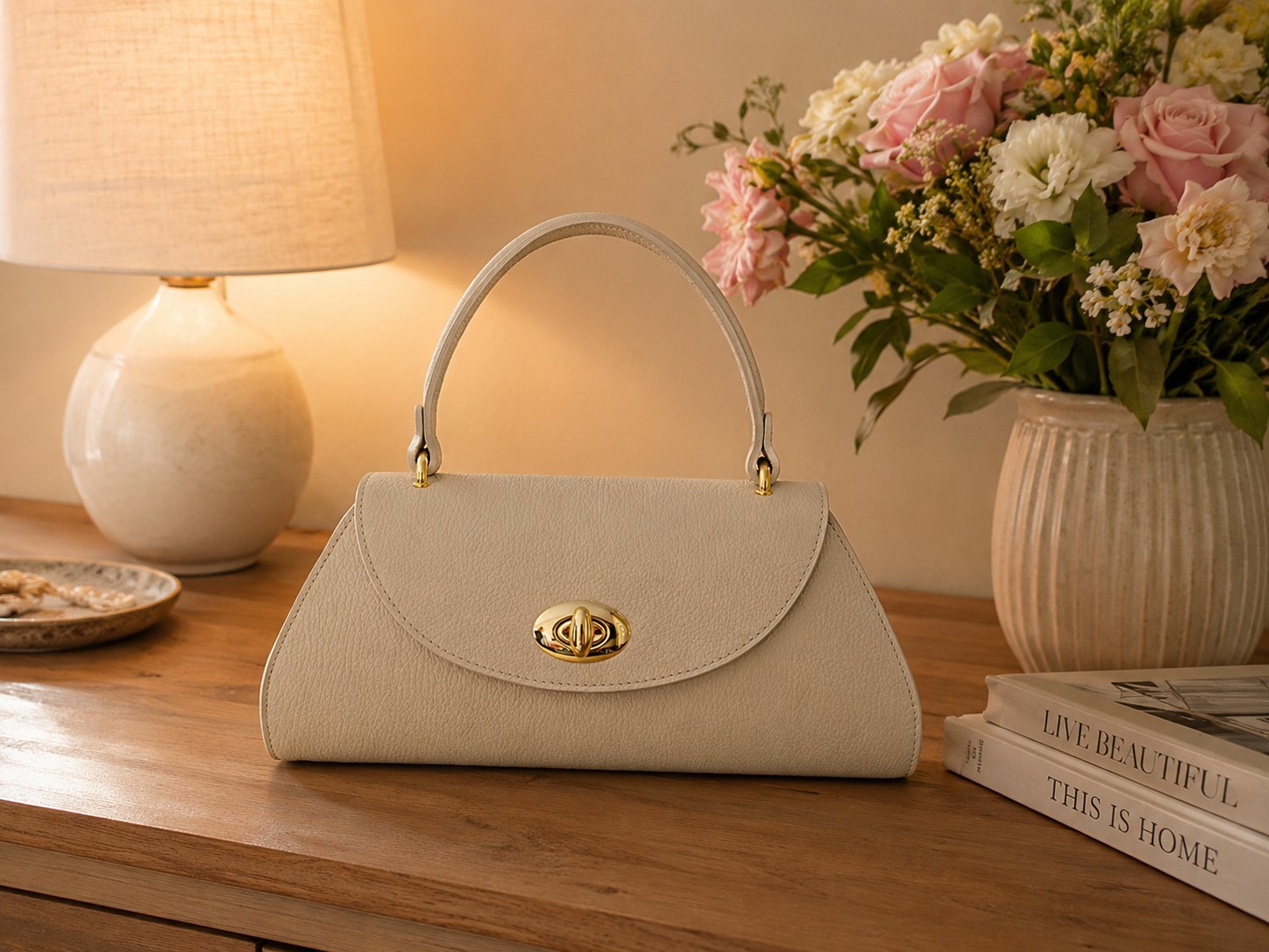 Beige Leather Shoulder Bag, Genuine Italian Leather Handbag