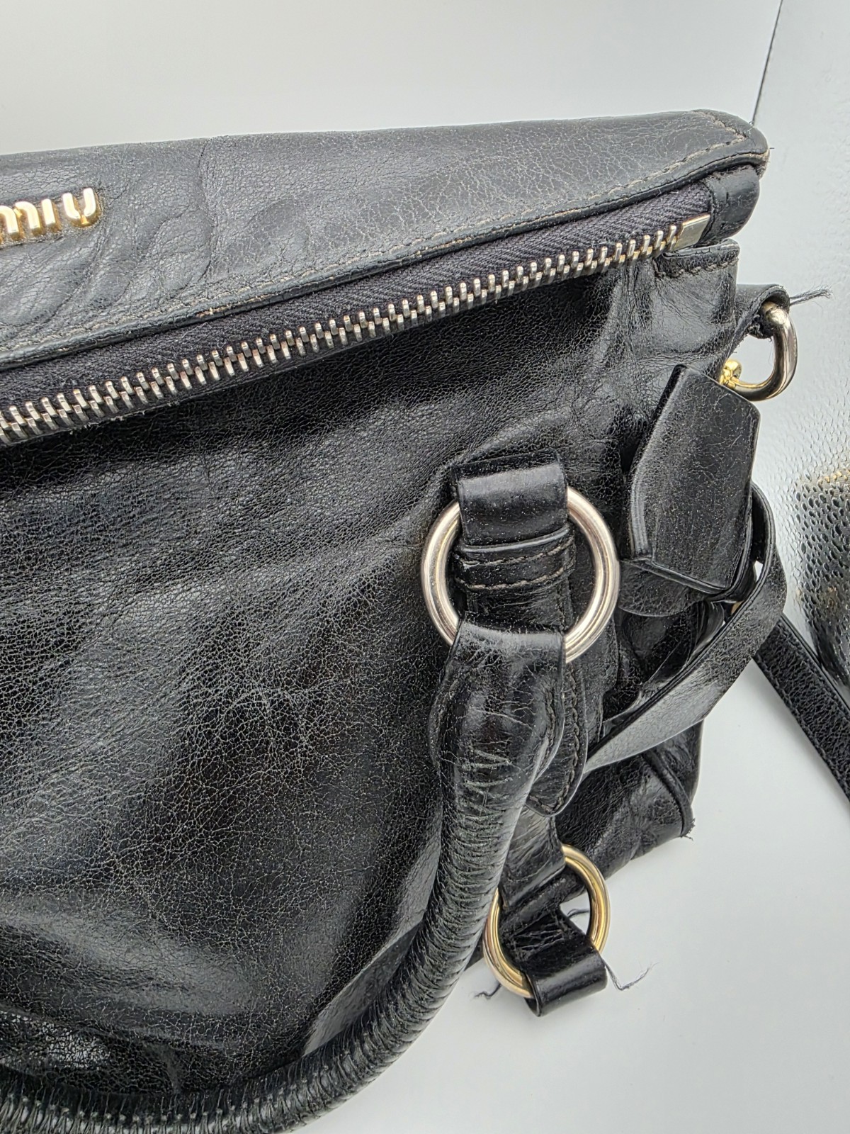 Miu Miu Vitello Lux Bow Bag Black Leather 2WAY Crossbody Y2K Vintage
