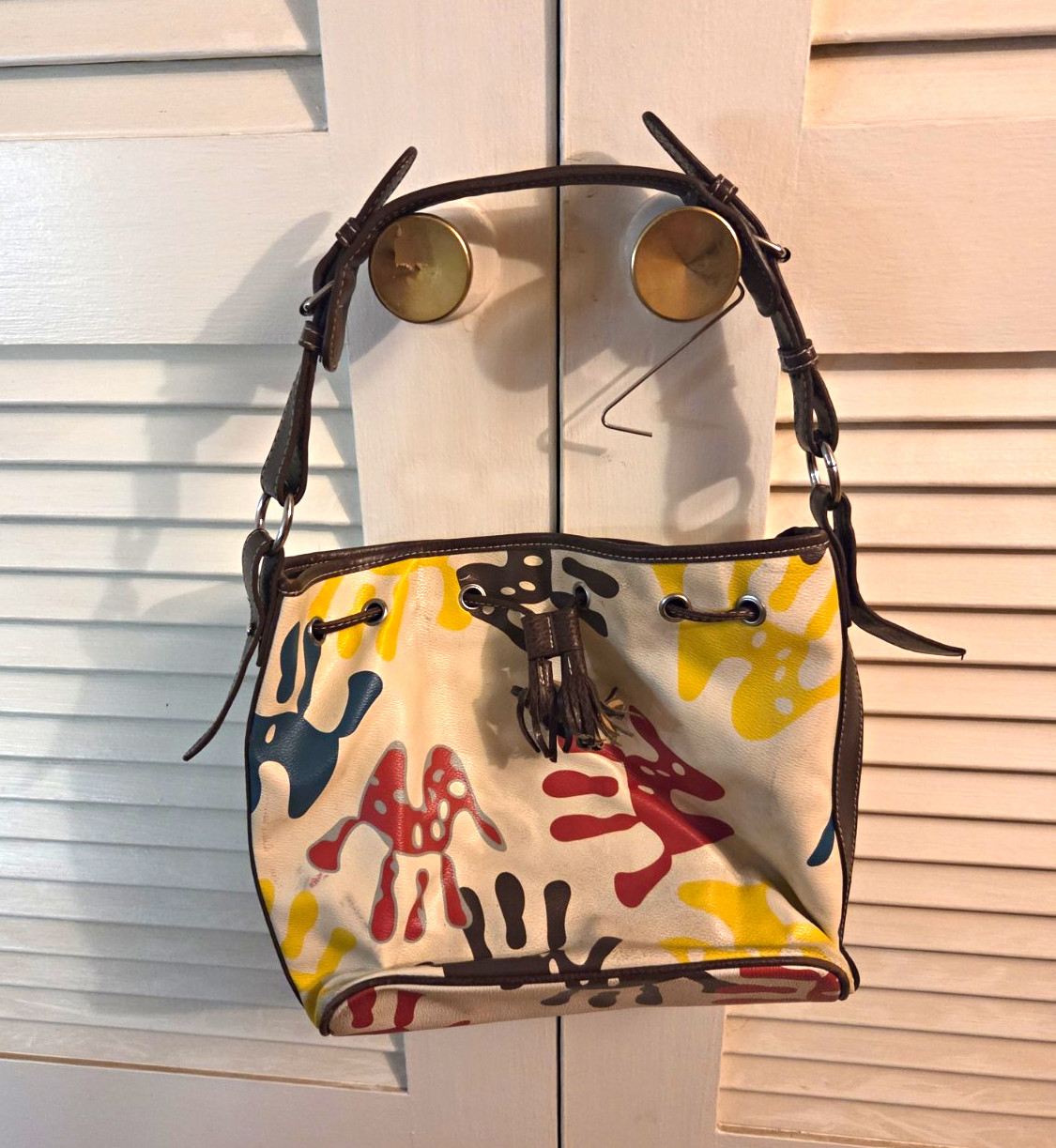 Handmade Painted Handprint Bucket Drawstring Crossbody Bag Detachable Strap