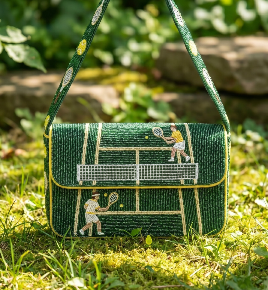 Hand Beaded Tennis Shoulder Bag Green Court Match Point Luxury Statement Purse