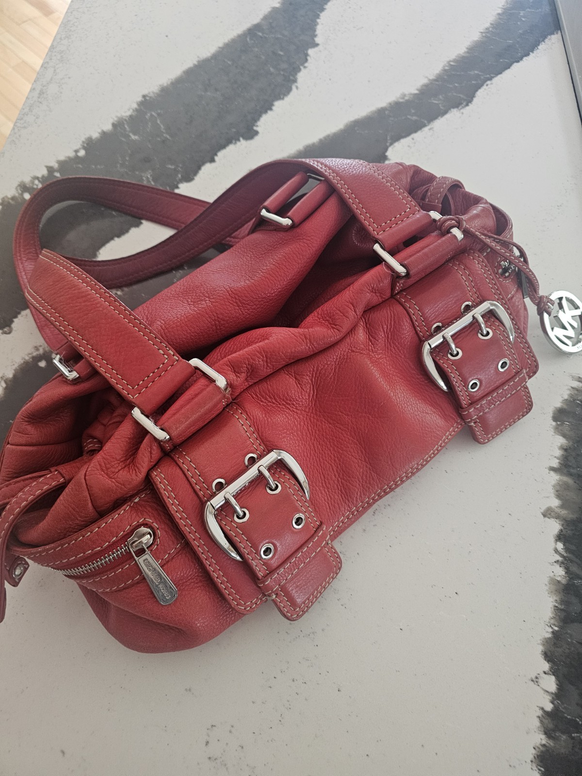 Michael Kors Red Pebbled Satchel Top Handle Bag Logo Print Silver Hardware