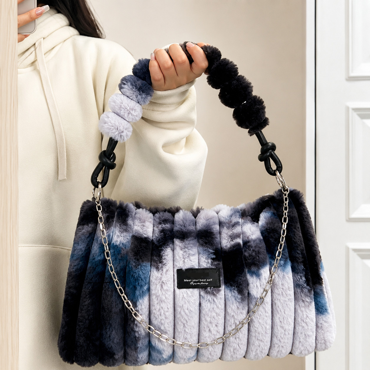 Fluffy Tie-Dye Plush Handbag Women Faux Fur Square Tote Bag Chain Strap Medium