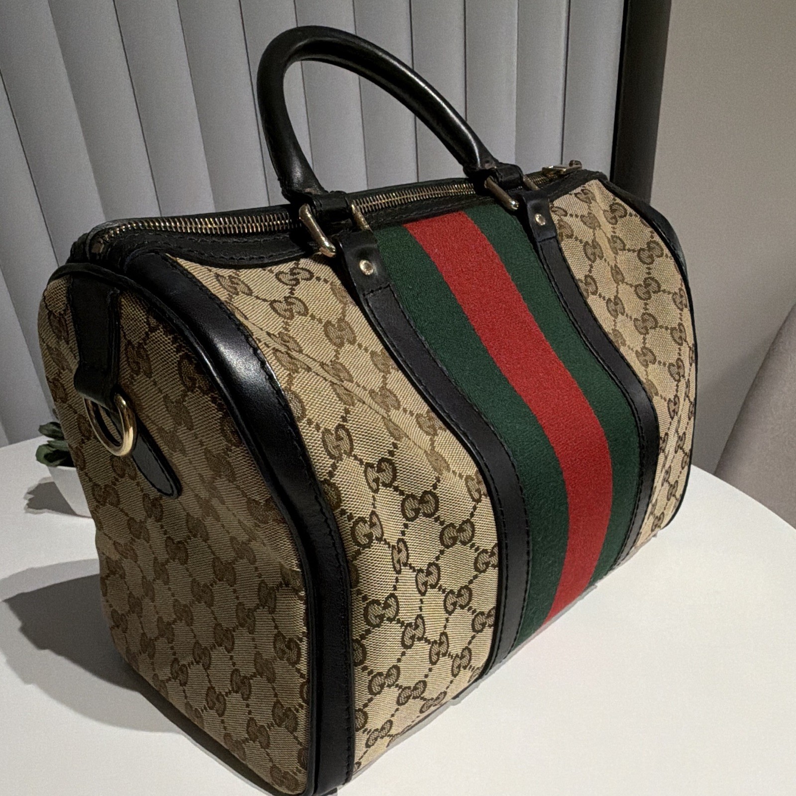 Gucci GG Pattern Web Stripe Top Handle Zip Bag Gold Hardware Beige/Black
