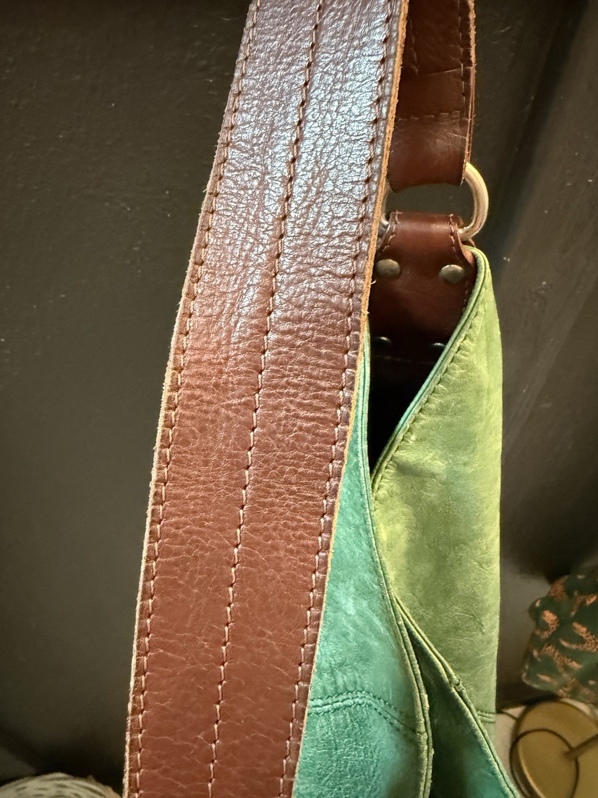 Tano Green Shoulder Bag Brown Strap Silver HW Zip/Magnetic Pockets Lined