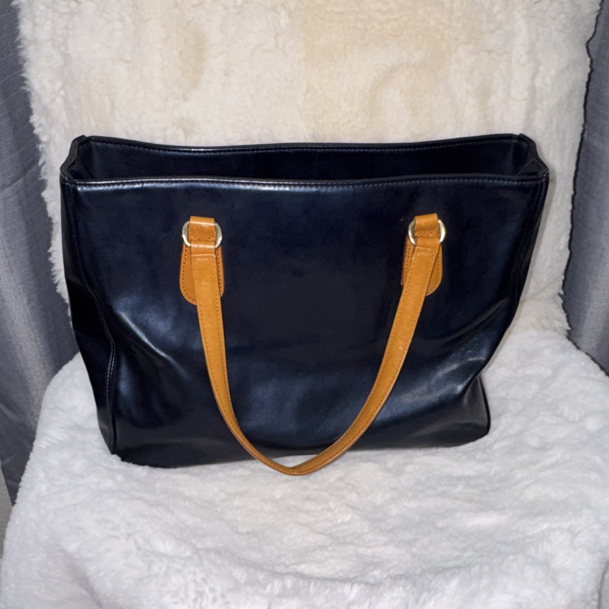 MOSCHINO Black Zip-Top Tote Bag Brown Double Handles Inner Pockets Gold HW