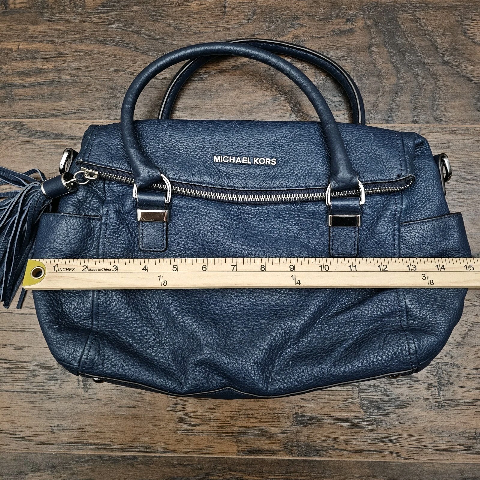 Michael Kors Pebble Leather Weston Satchel Handbag Blue Fold over Tassel Silver