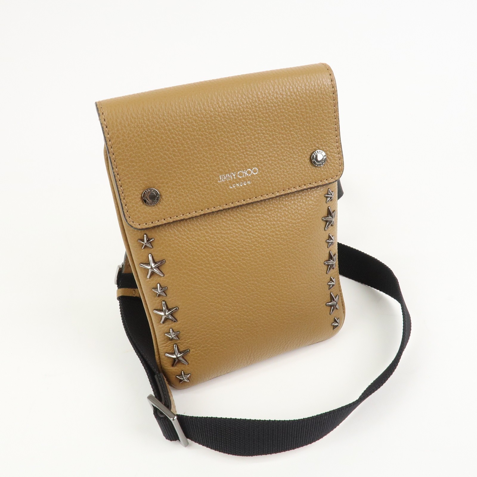 JIMMY CHOO Leather KIMI MESSANGER Studs Shoulder Bag Brown Authentic Used F/S