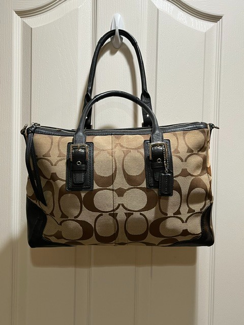 Coach Hampton Signature Carryall Satchel F13812 Tan/Brown with Black Leather – w