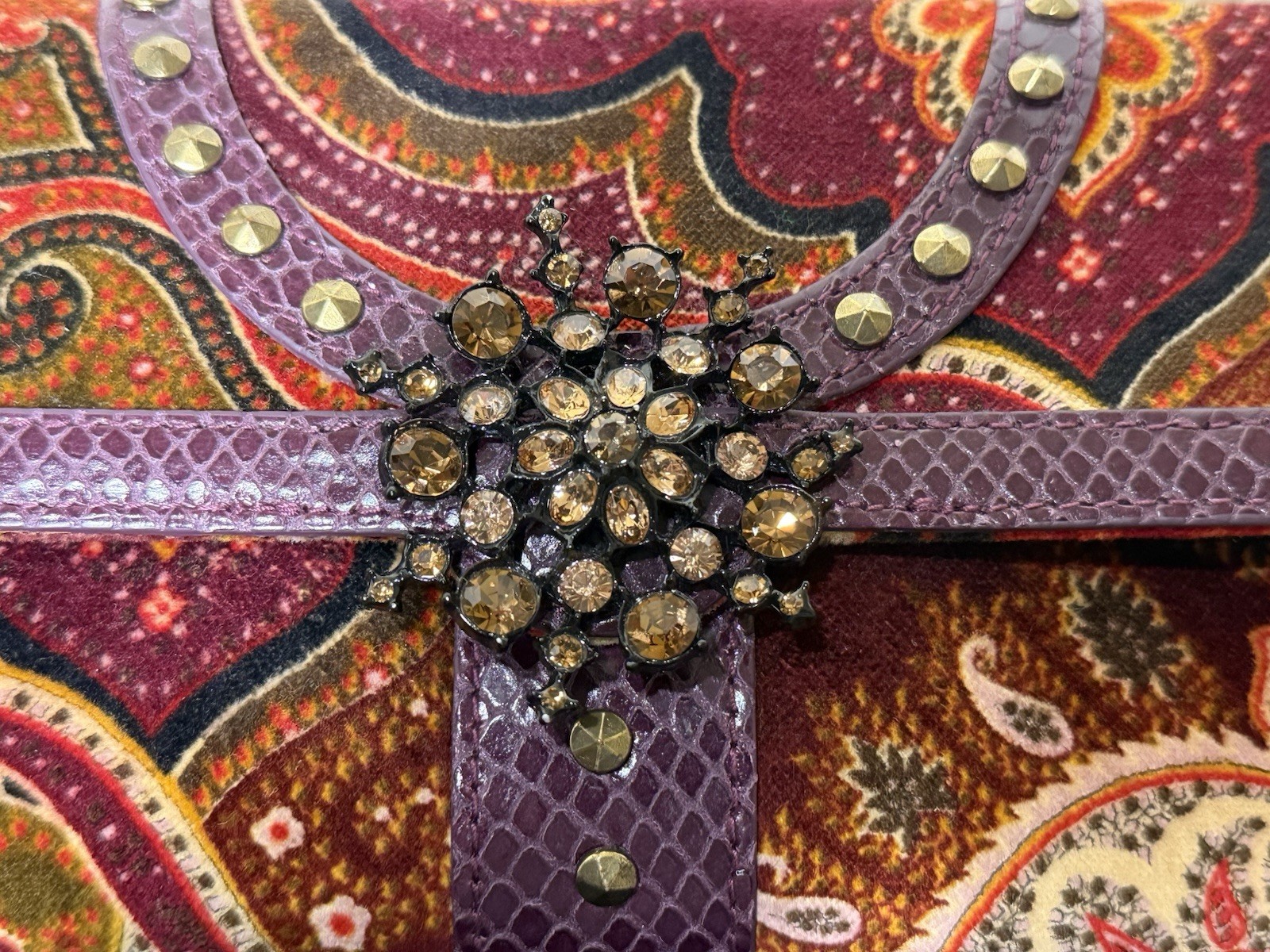 Vintage Isabella Fiore Paisley Velvet Flap Bag Purple Snakeskin Studs Rhinestone