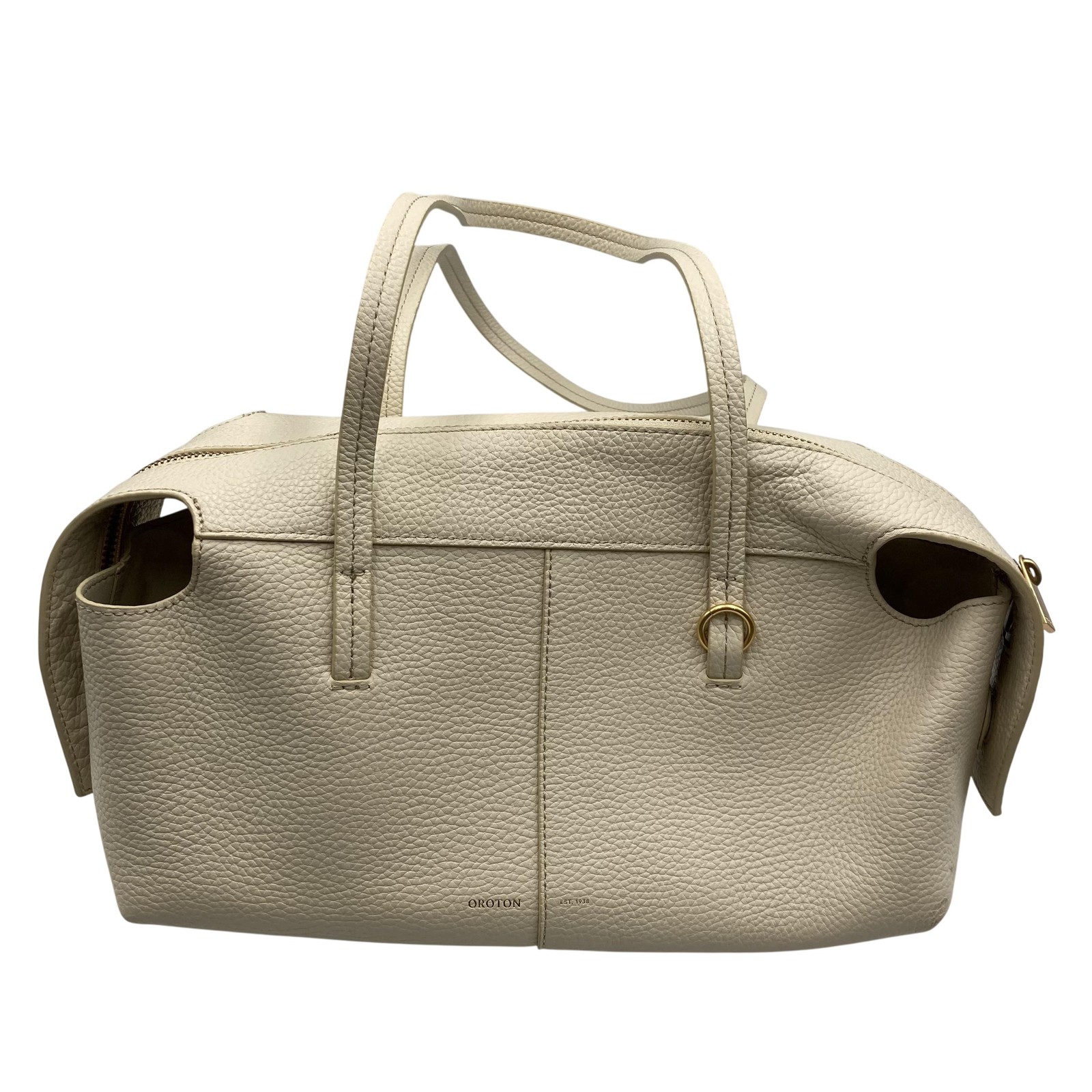 Oroton Satchel Bag Womens Medium Cream Leather Top Handle Zip Gold Hardware