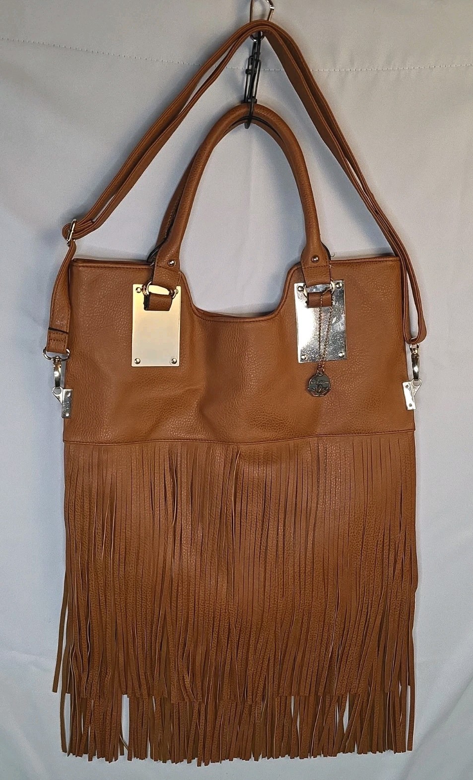 Big Buddha Fringe Shoulder Bag Purse Cognac Brown Faux Leather Gold Western