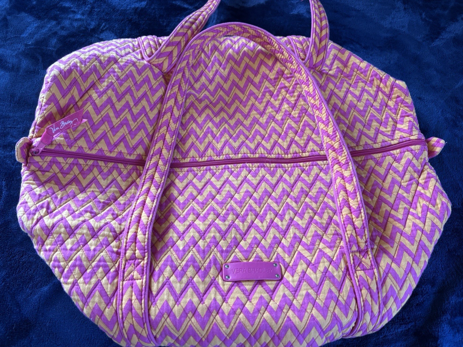Vera Bradley Pink Yellow Chevron Quilted Duffle Bag Lightweight Lined Pockets