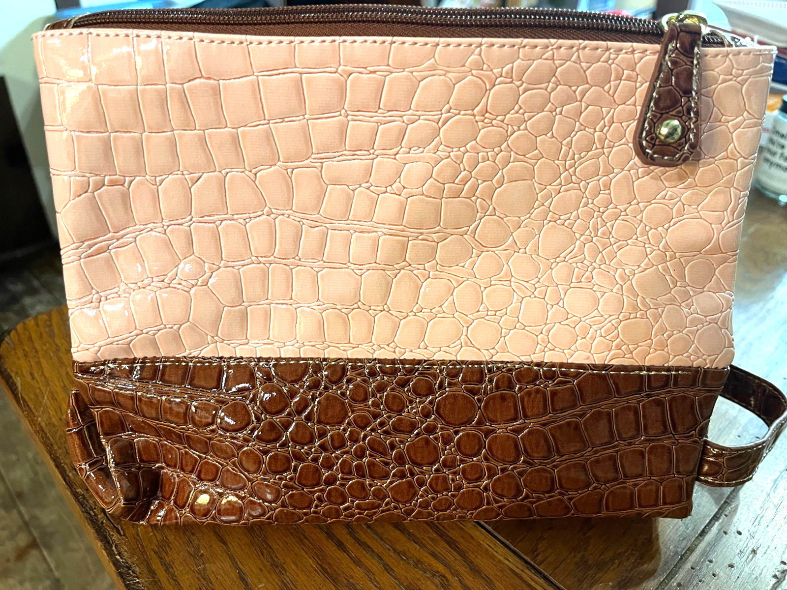 Samantha Brown Embossed CROC 3 Compartment Organizer CARAMEL / NUDE