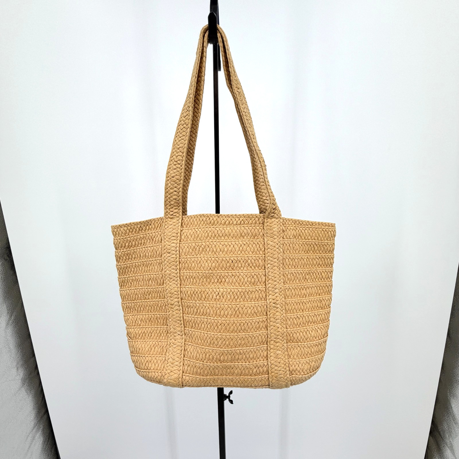 Draper James Straw Tote Bag Natural Woven Beach Bag Snap Closure Blue Lining